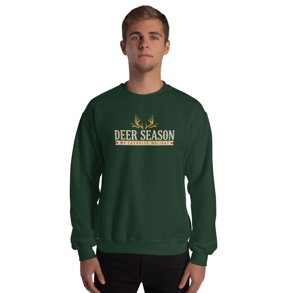 Deer Season My Favorite Holiday deer hunting crewneck sweatshirt — Forest Green, on model
