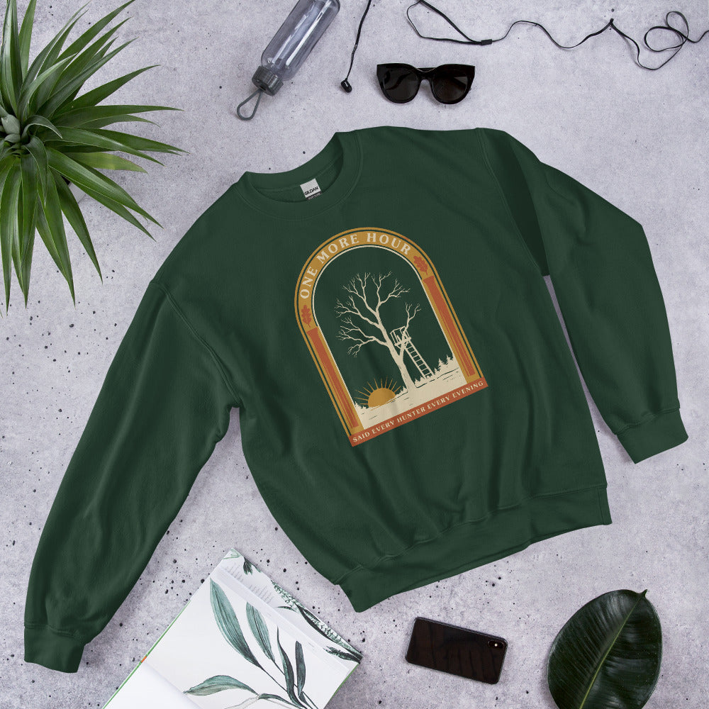 One More Hour funny deer hunting crewneck — Forest Green, front-right