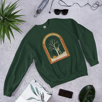 One More Hour funny deer hunting crewneck — Forest Green, front-right