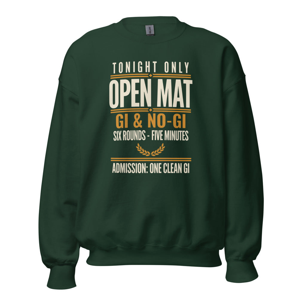 Open Mat Tonight Brazilian jiu jitsu crewneck sweatshirt — Forest Green, front