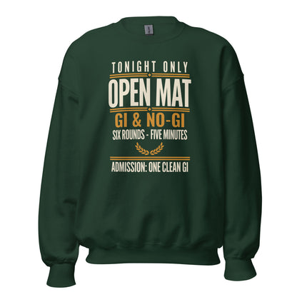 Open Mat Tonight Brazilian jiu jitsu crewneck sweatshirt — Forest Green, front