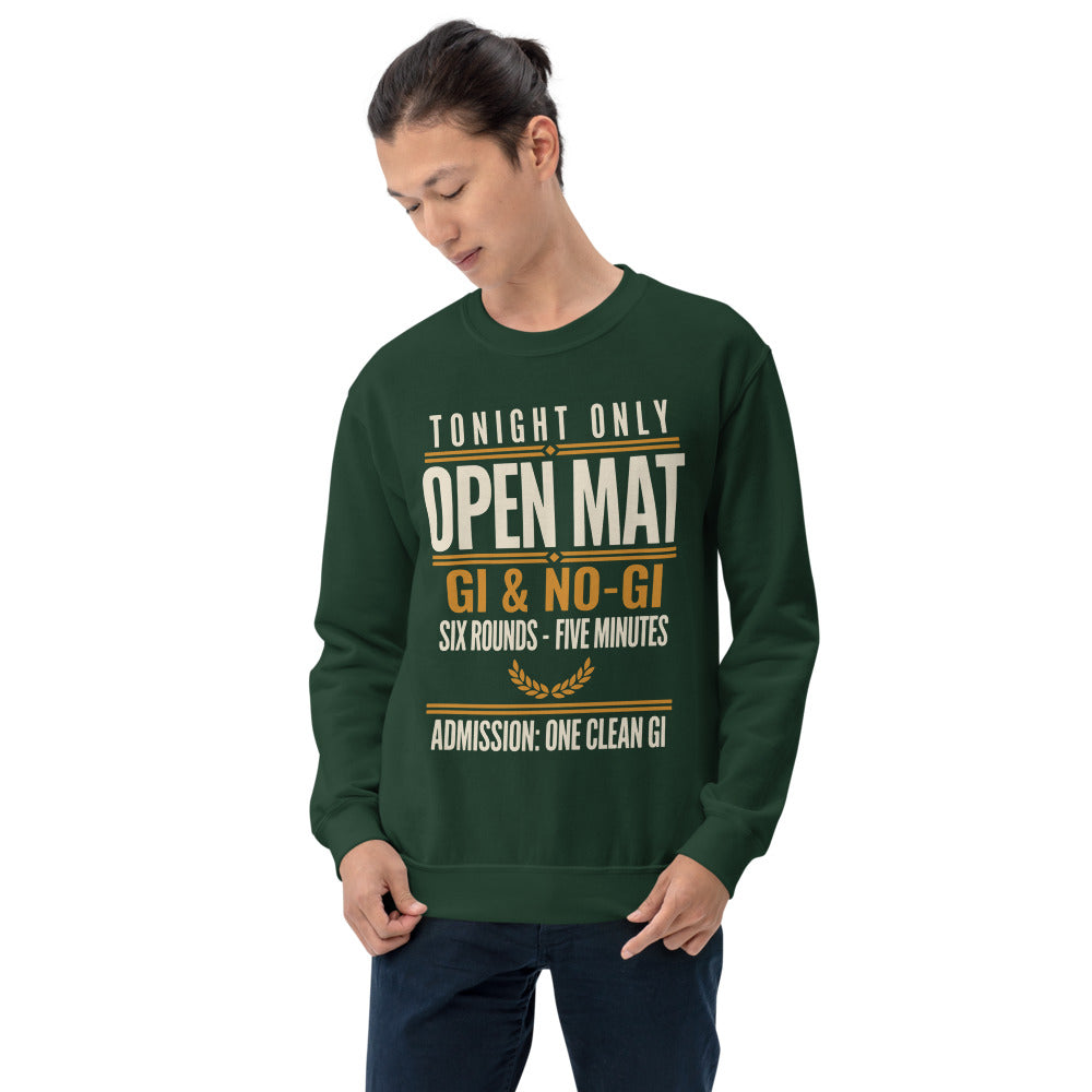 Open Mat Tonight Brazilian jiu jitsu crewneck sweatshirt — Forest Green, on model