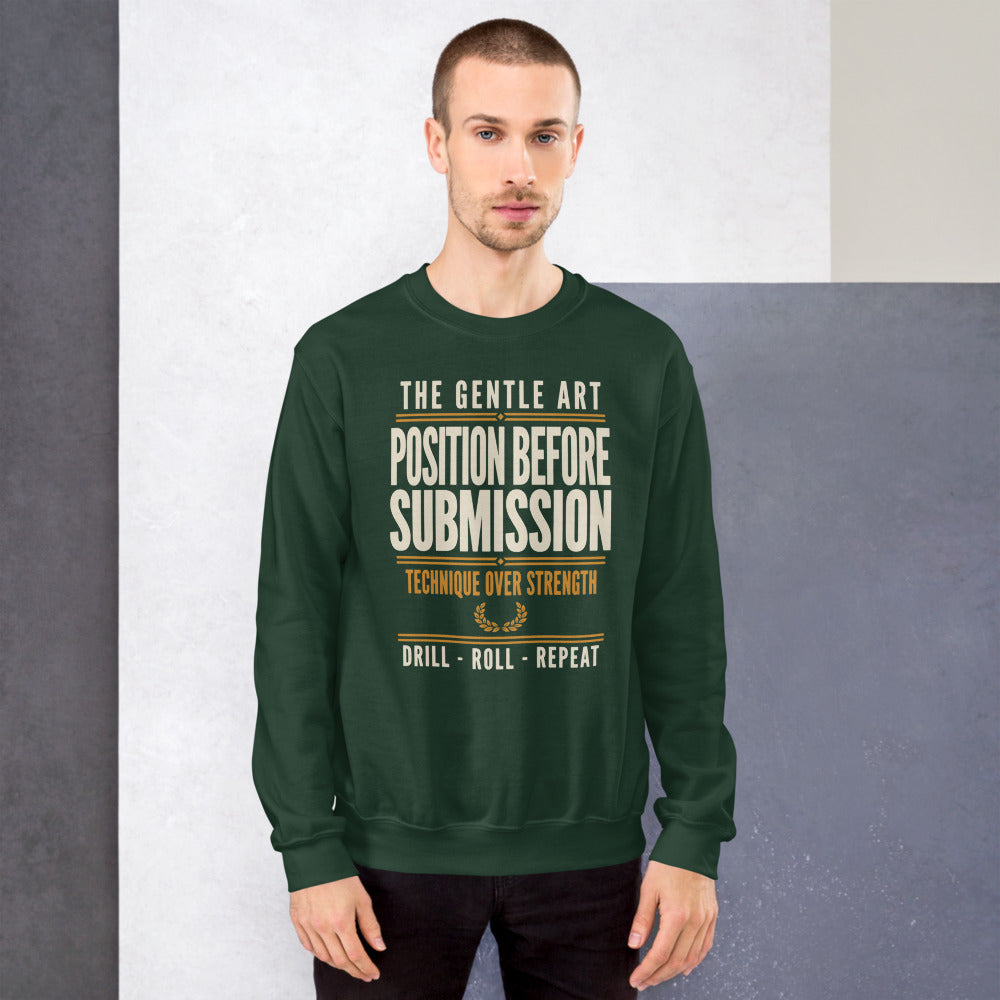 Position Before Submission Brazilian jiu jitsu sweatshirt — Forest Green, on model