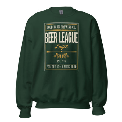 Beer League Cold Barn Brewing lager crewneck sweatshirt — Forest Green, front