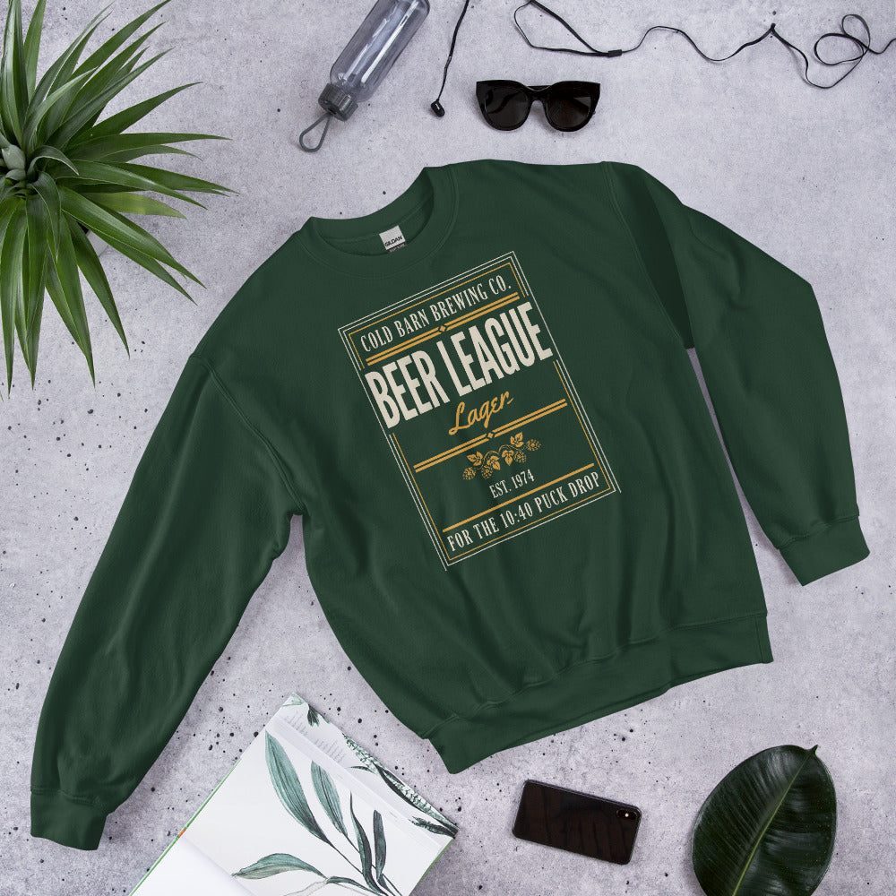 Beer League Cold Barn Brewing lager crewneck sweatshirt — Forest Green, front-right