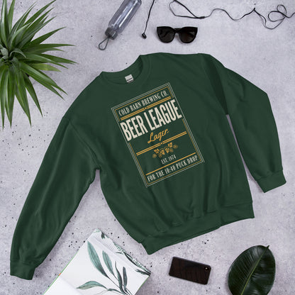 Beer League Cold Barn Brewing lager crewneck sweatshirt — Forest Green, front-right