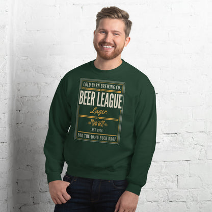 Beer League Cold Barn Brewing lager crewneck sweatshirt — Forest Green, on model