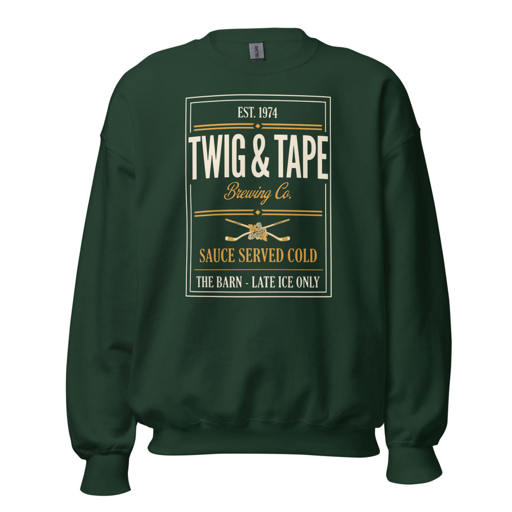 Twig and Tape Brewing Co. beer league hockey crewneck sweatshirt — Forest Green, front