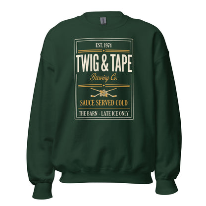 Twig and Tape Brewing Co. beer league hockey crewneck sweatshirt — Forest Green, front
