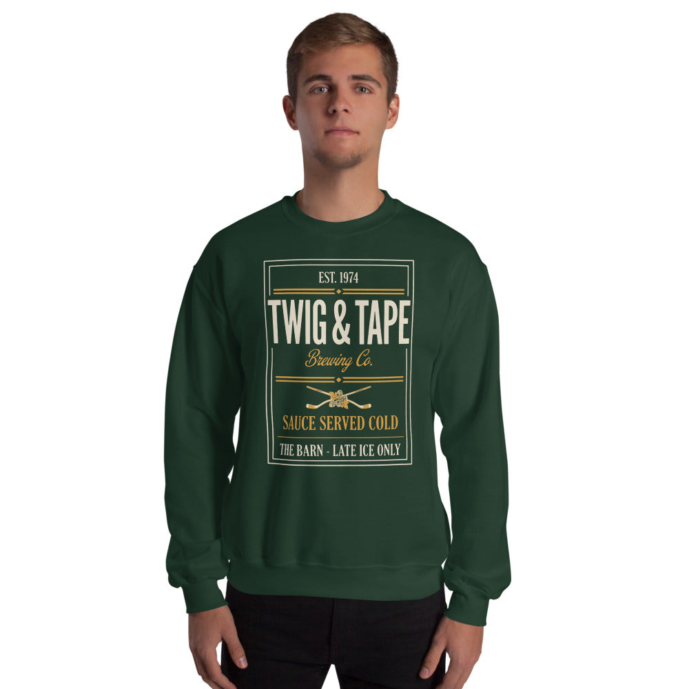 Twig and Tape Brewing Co. beer league hockey crewneck sweatshirt — Forest Green, on model