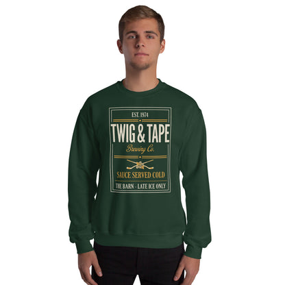 Twig and Tape Brewing Co. beer league hockey crewneck sweatshirt — Forest Green, on model