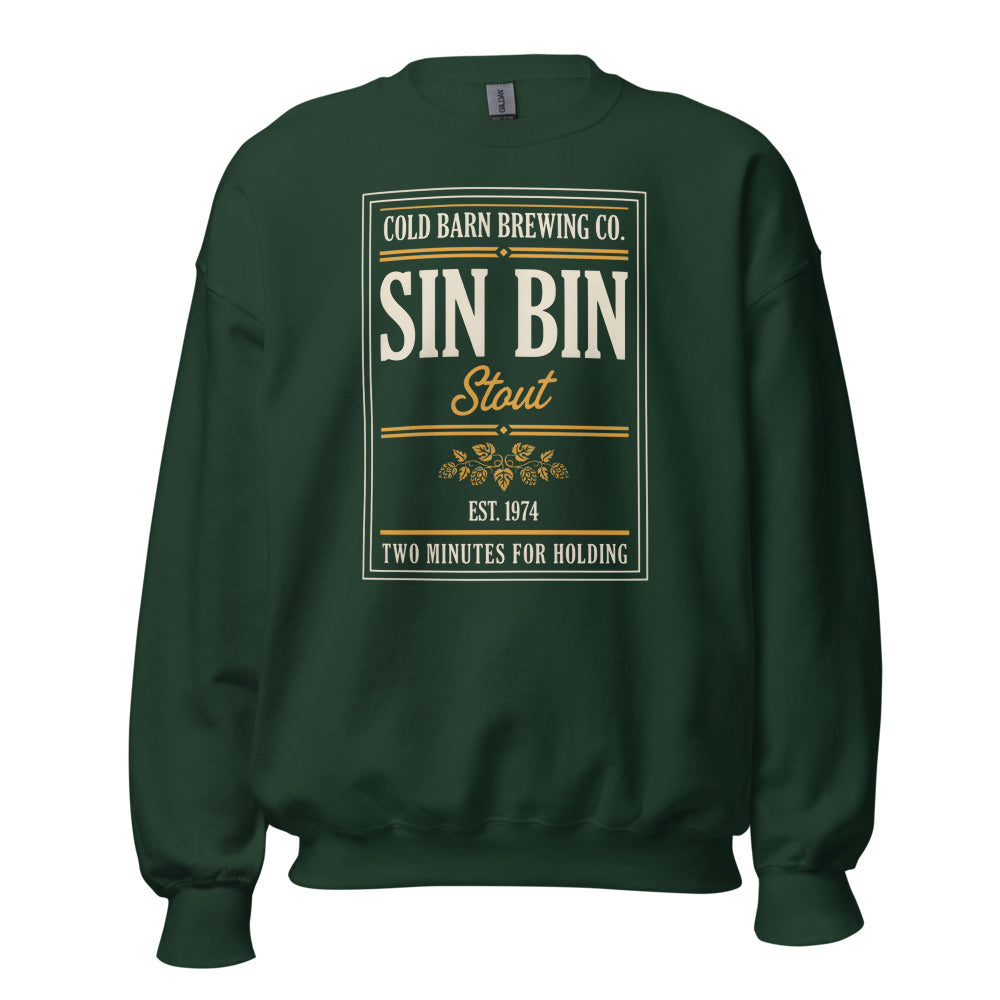 Beer League Sin Bin Stout brewery label crewneck sweatshirt — Forest Green, front