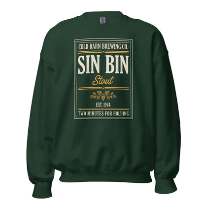 Beer League Sin Bin Stout brewery label crewneck sweatshirt — Forest Green, front
