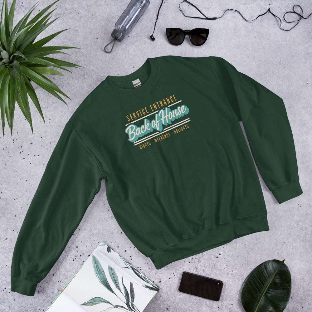 Back of House line cook retro diner service sign crewneck sweatshirt — Forest Green, flat lay
