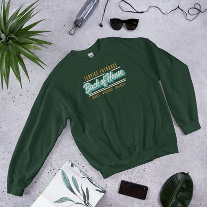 Back of House line cook retro diner service sign crewneck sweatshirt — Forest Green, flat lay