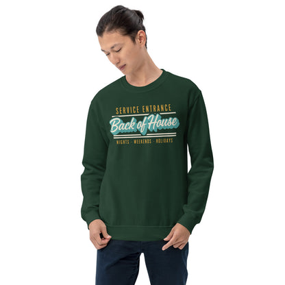 Back of House line cook retro diner service sign crewneck sweatshirt — Forest Green, on model