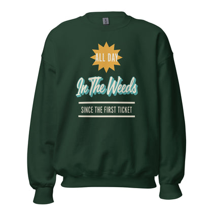 In The Weeds line cook retro diner service sign crewneck sweatshirt — Forest Green, front