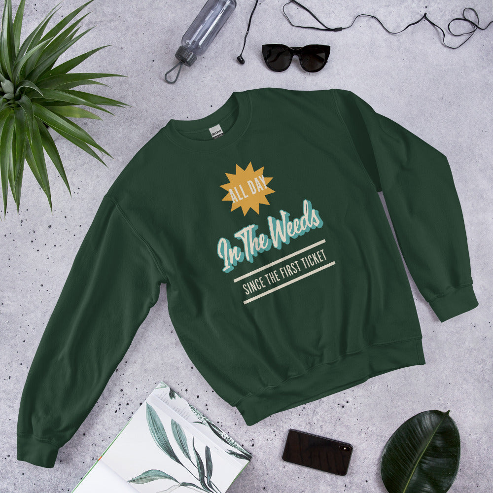 In The Weeds line cook retro diner service sign crewneck sweatshirt — Forest Green, flat lay