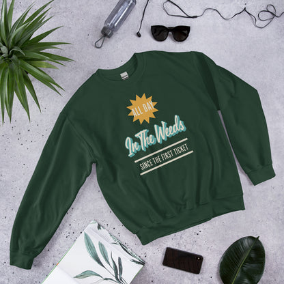 In The Weeds line cook retro diner service sign crewneck sweatshirt — Forest Green, flat lay