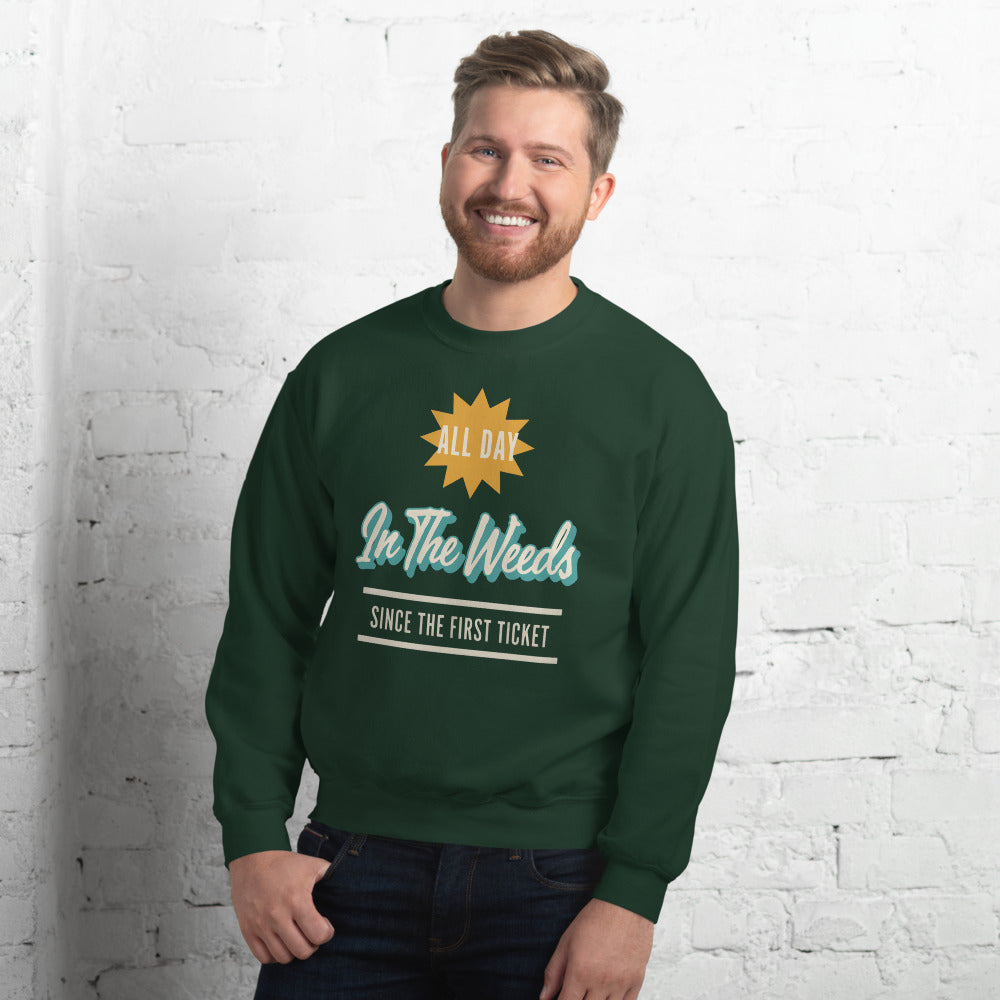 In The Weeds line cook retro diner service sign crewneck sweatshirt — Forest Green, on model
