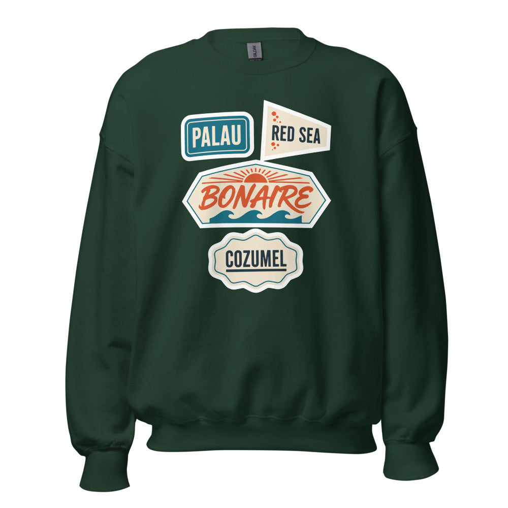 Vintage scuba diving dive sites travel decal sweatshirt — Forest Green, front