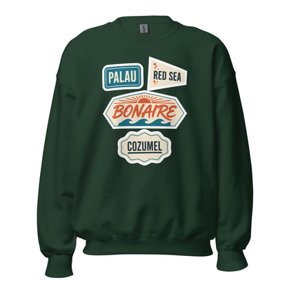 Vintage scuba diving dive sites travel decal sweatshirt — Forest Green, front