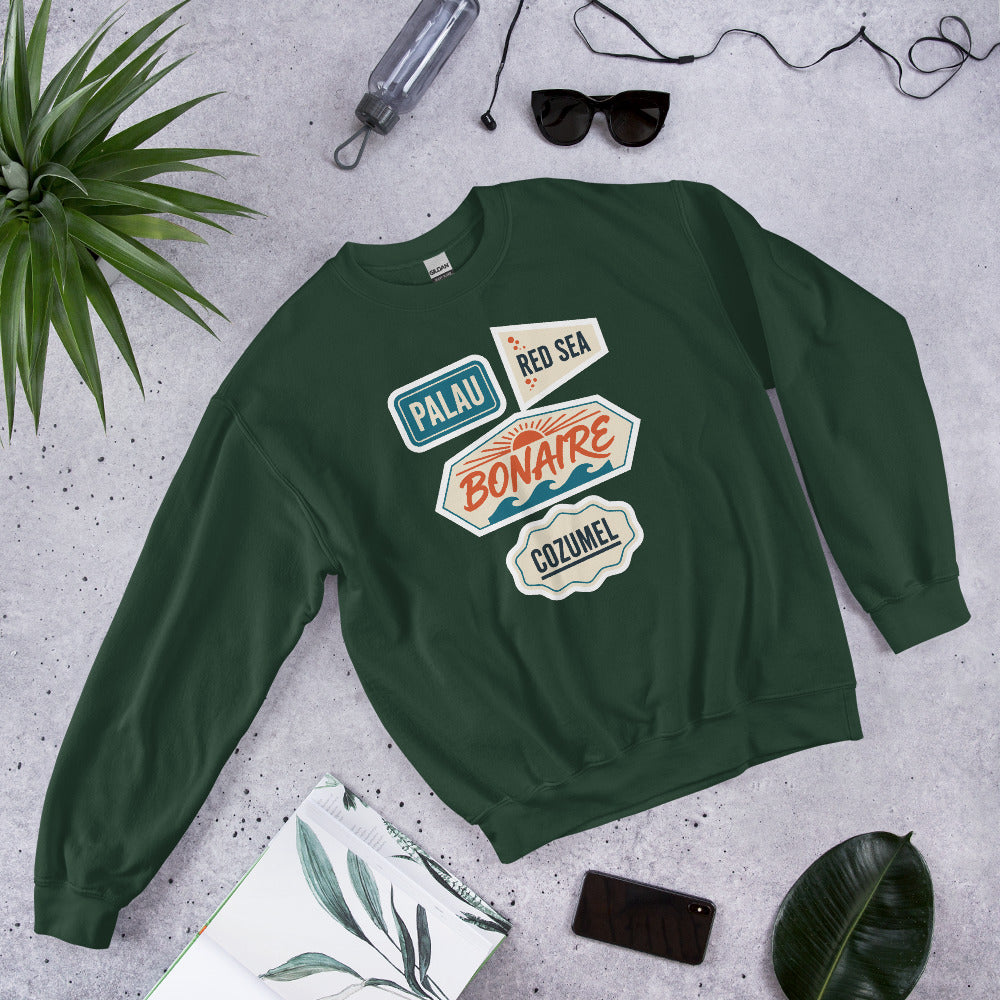 Vintage scuba diving dive sites travel decal sweatshirt — Forest Green, flat lay