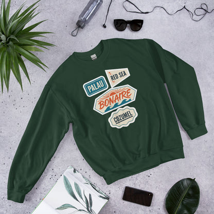 Vintage scuba diving dive sites travel decal sweatshirt — Forest Green, flat lay
