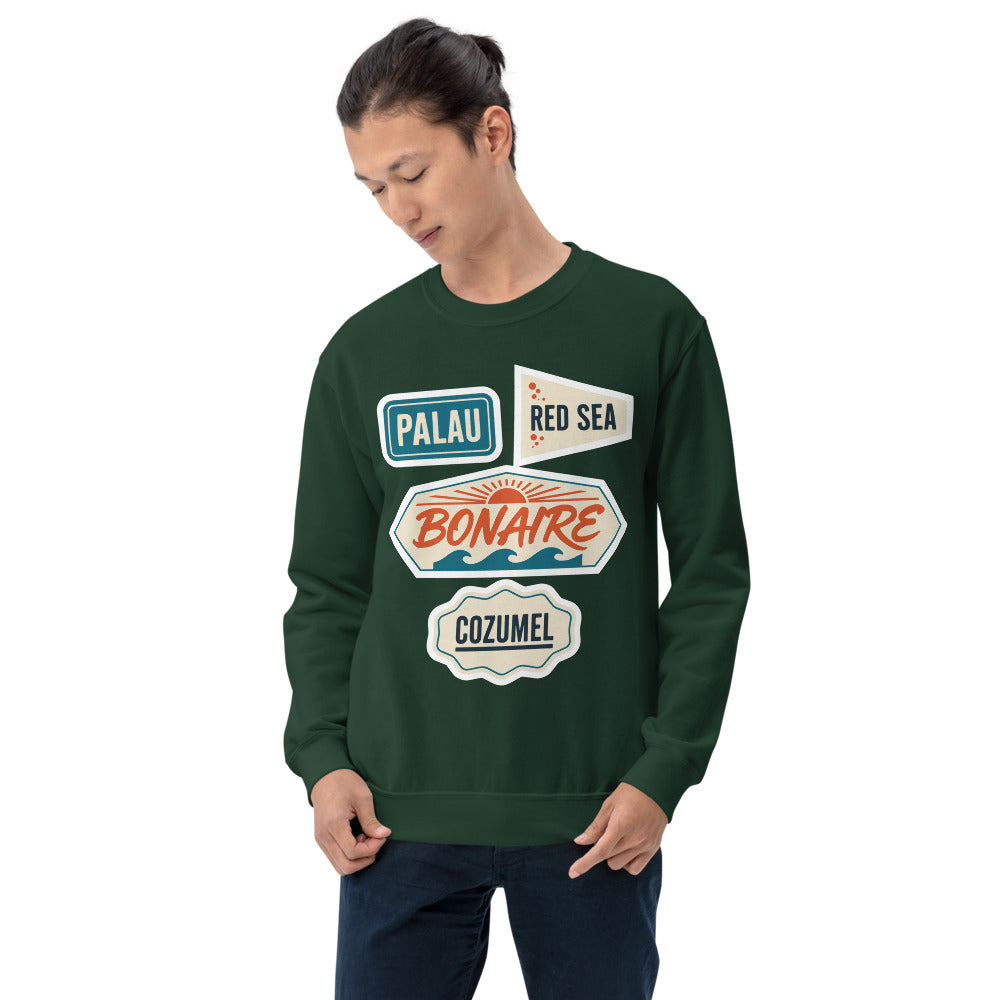Vintage scuba diving dive sites travel decal sweatshirt — Forest Green, on model