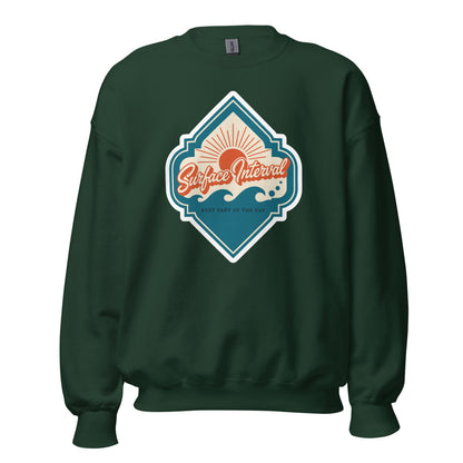 Surface Interval vintage scuba diving travel decal sweatshirt — Forest Green, front