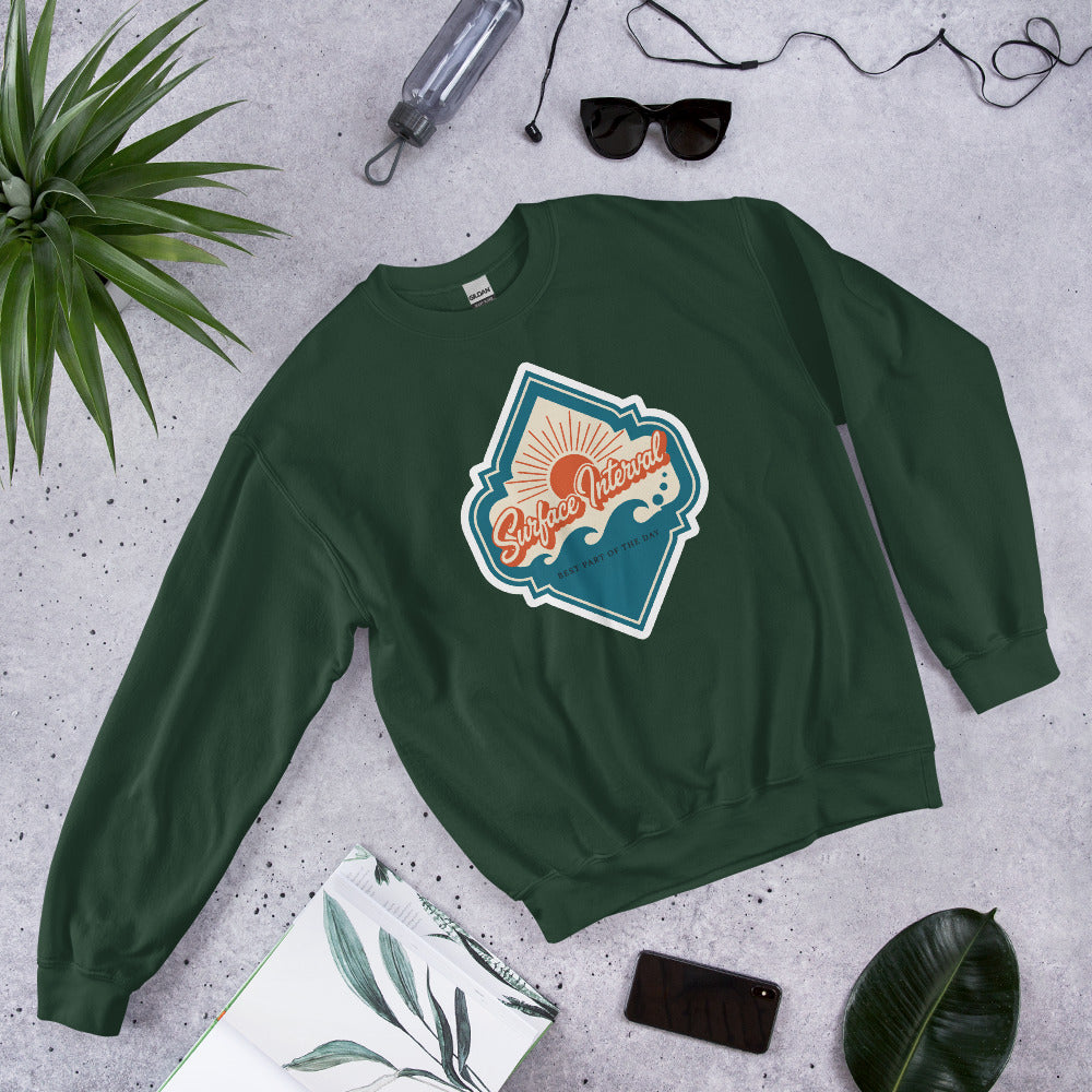 Surface Interval vintage scuba diving travel decal sweatshirt — Forest Green, flat lay