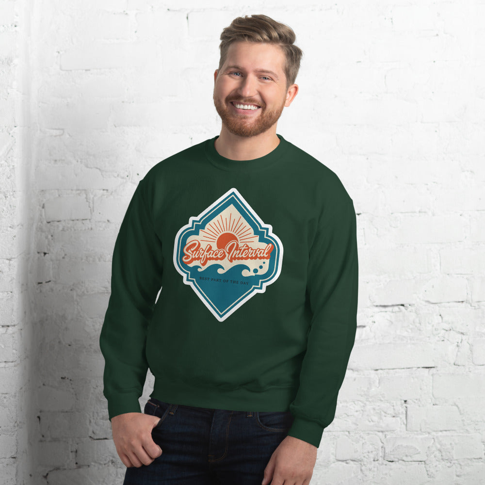 Surface Interval vintage scuba diving travel decal sweatshirt — Forest Green, on model