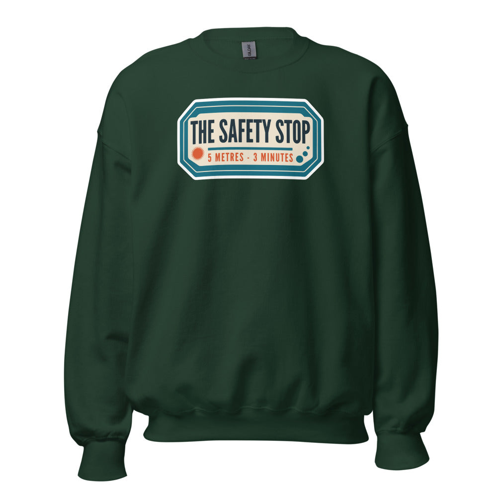 The Safety Stop vintage scuba diving travel decal sweatshirt — Forest Green, front