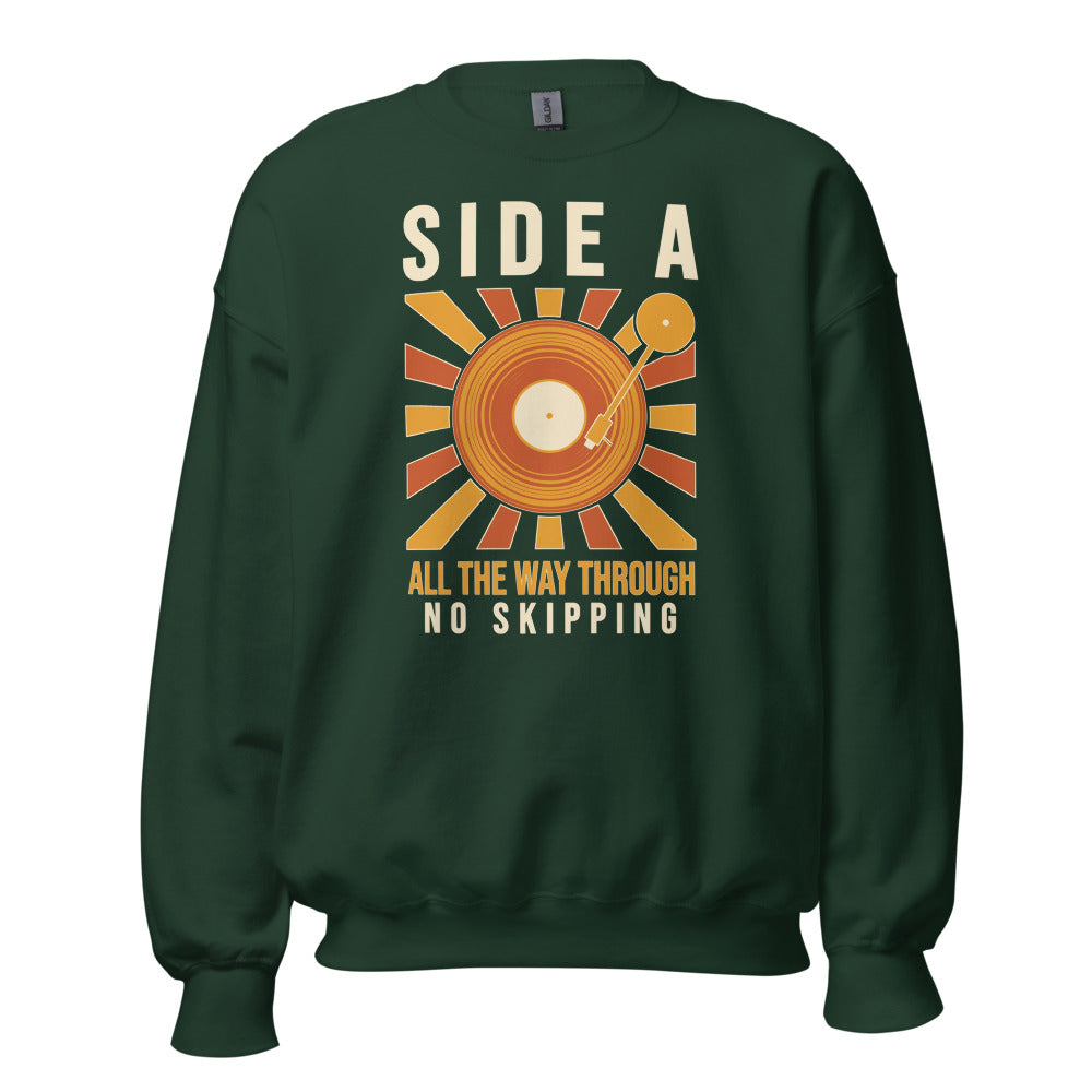 Side A No Skipping vinyl record crewneck sweatshirt — Forest Green, front