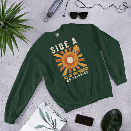 Side A No Skipping vinyl record crewneck sweatshirt — Forest Green, flat lay
