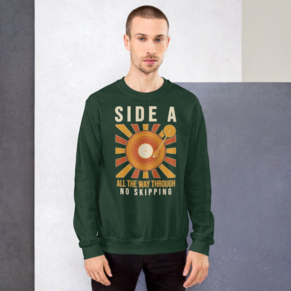 Side A No Skipping vinyl record crewneck sweatshirt — Forest Green, on model