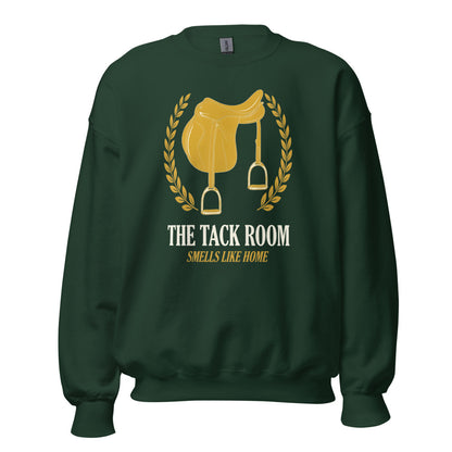 The Tack Room engraved equestrian saddle crest crewneck sweatshirt — Forest Green, front
