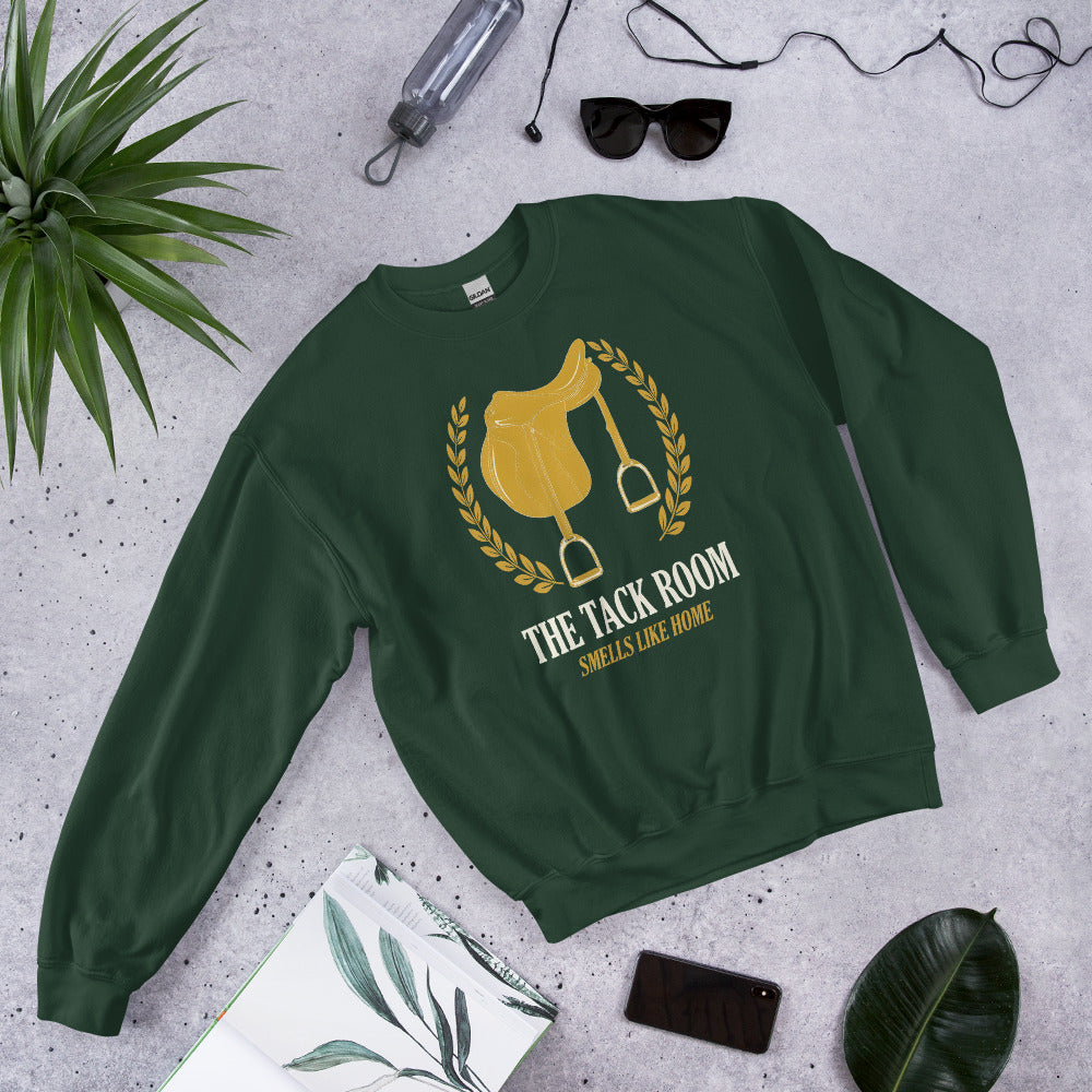 The Tack Room engraved equestrian saddle crest crewneck sweatshirt — Forest Green, flat lay