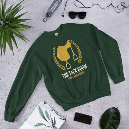 The Tack Room engraved equestrian saddle crest crewneck sweatshirt — Forest Green, flat lay