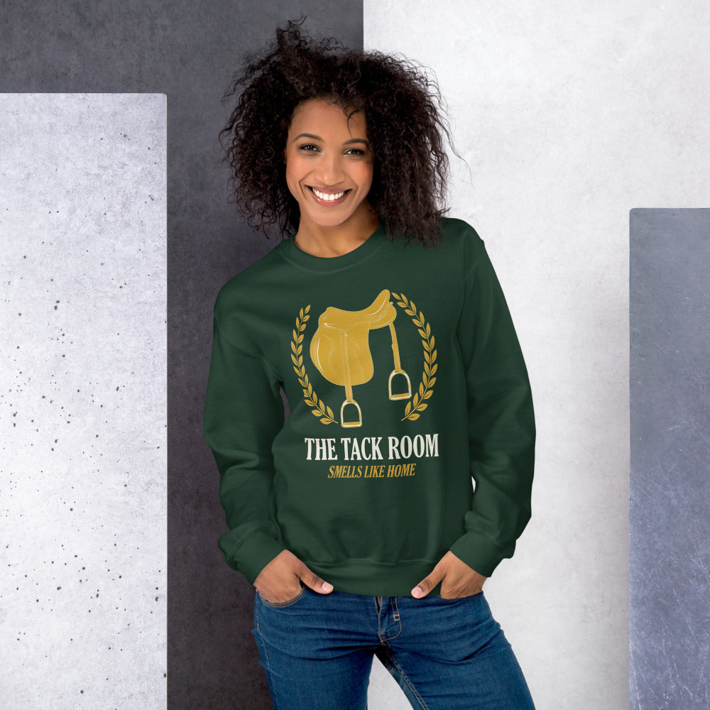 The Tack Room engraved equestrian saddle crest crewneck sweatshirt — Forest Green, on model