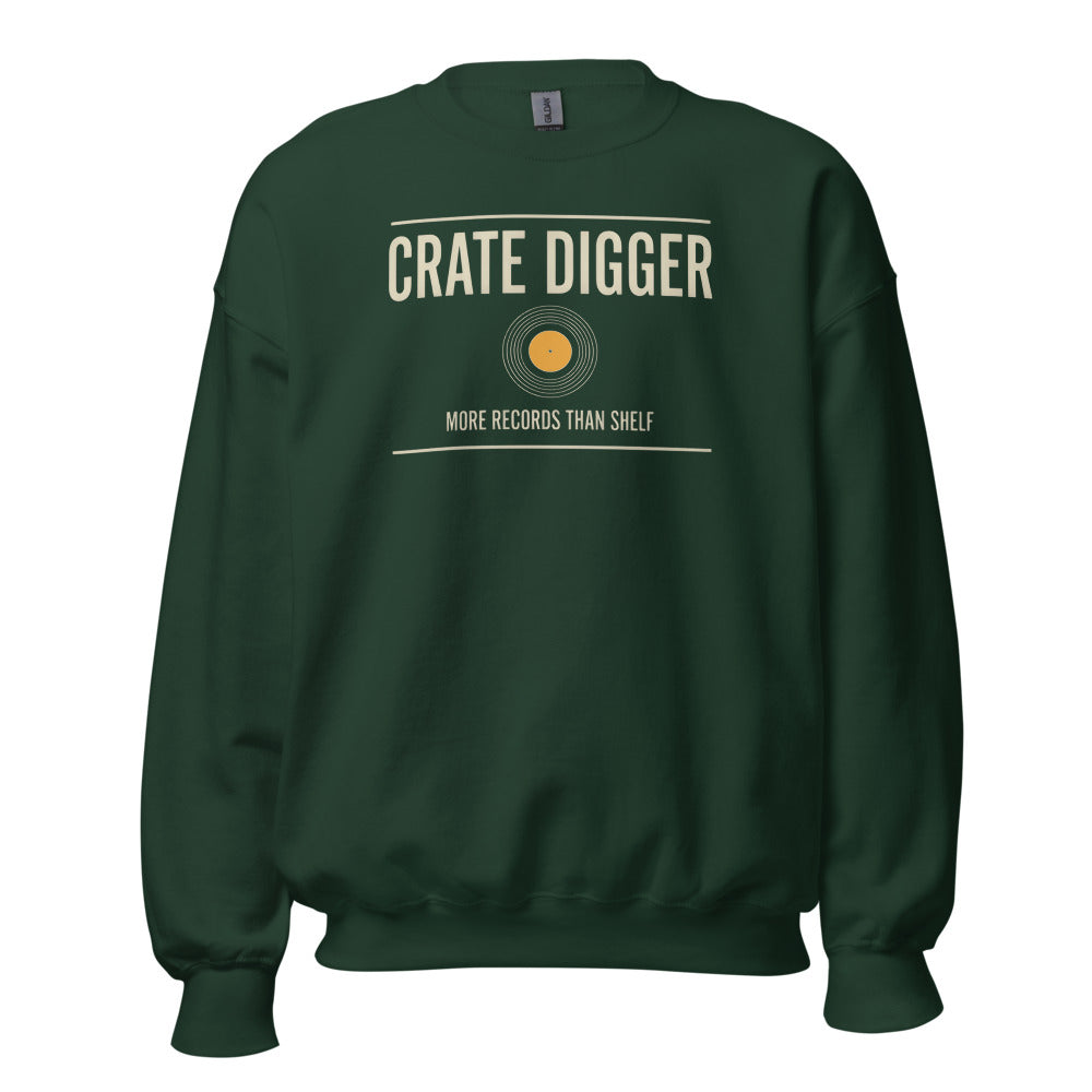 Crate Digger vinyl record crewneck sweatshirt — Forest Green, front