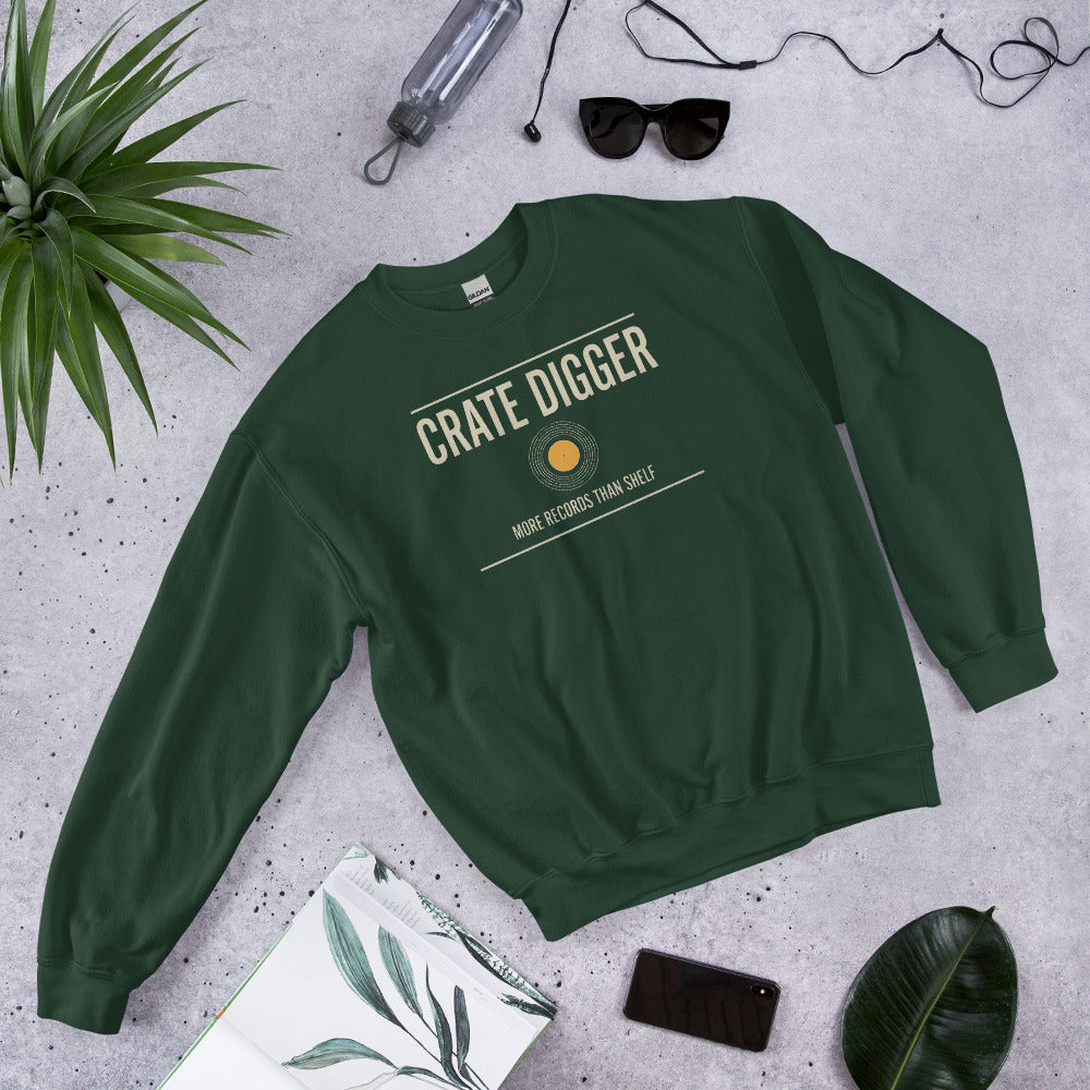 Crate Digger vinyl record crewneck sweatshirt — Forest Green, flat lay