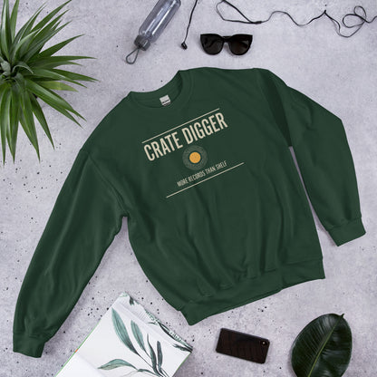 Crate Digger vinyl record crewneck sweatshirt — Forest Green, flat lay
