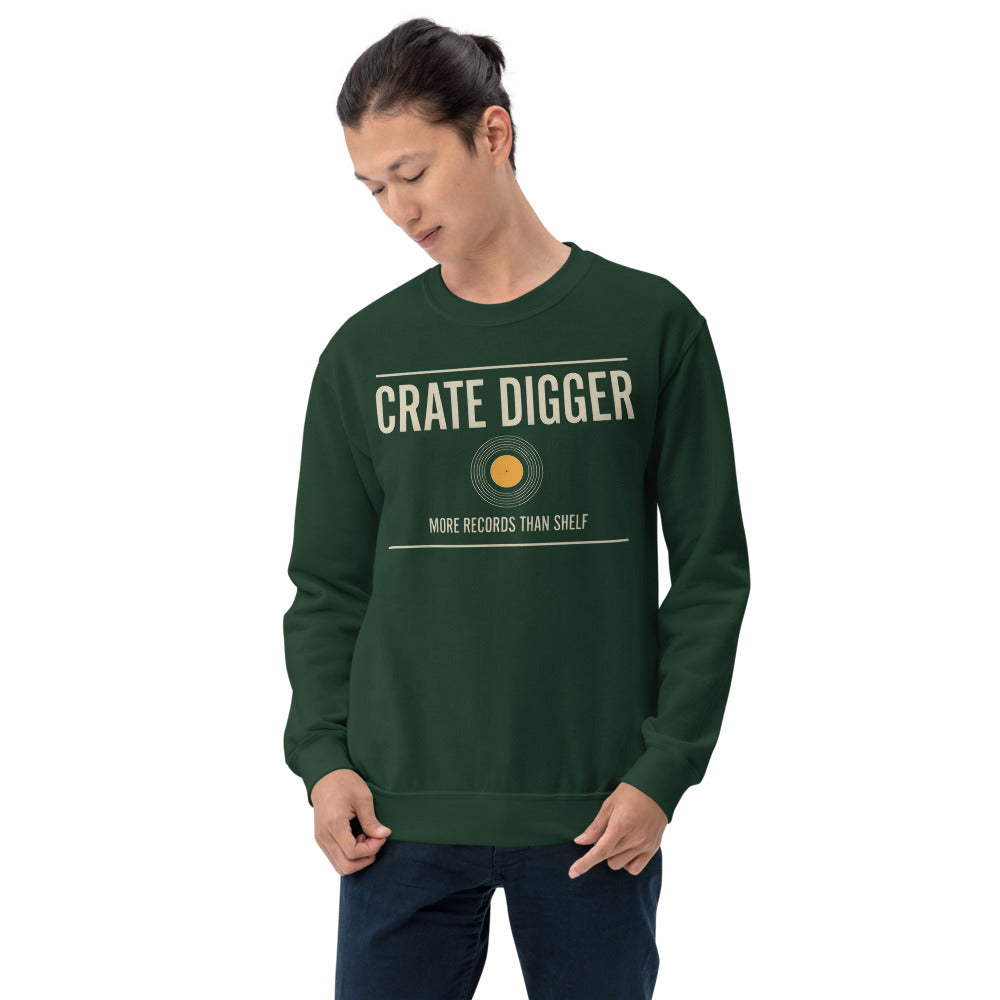 Crate Digger vinyl record crewneck sweatshirt — Forest Green, on model