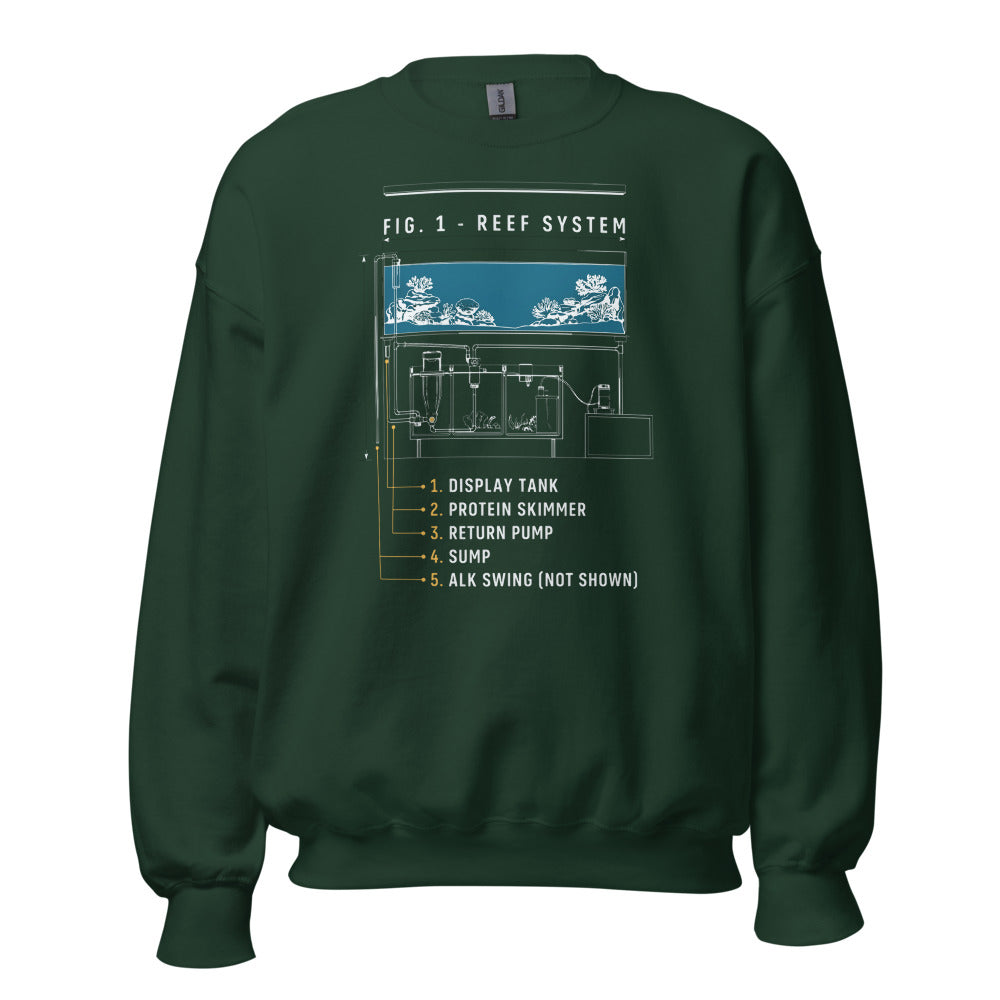 Reef System technical cutaway saltwater aquarium crewneck sweatshirt — Forest Green, front
