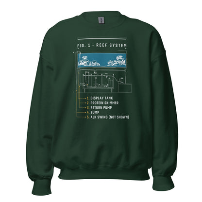 Reef System technical cutaway saltwater aquarium crewneck sweatshirt — Forest Green, front