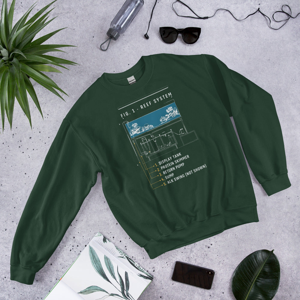 Reef System technical cutaway saltwater aquarium crewneck sweatshirt — Forest Green, flat lay