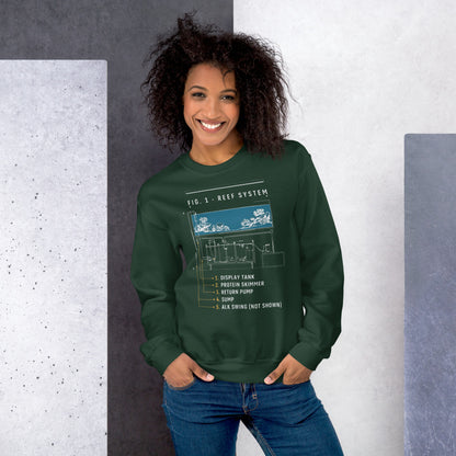 Reef System technical cutaway saltwater aquarium crewneck sweatshirt — Forest Green, on model