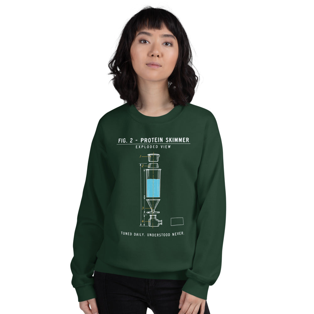 Protein Skimmer Exploded View reef tank saltwater aquarium crewneck sweatshirt — Forest Green, on model
