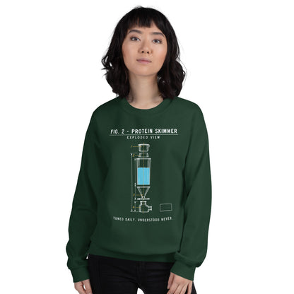 Protein Skimmer Exploded View reef tank saltwater aquarium crewneck sweatshirt — Forest Green, on model
